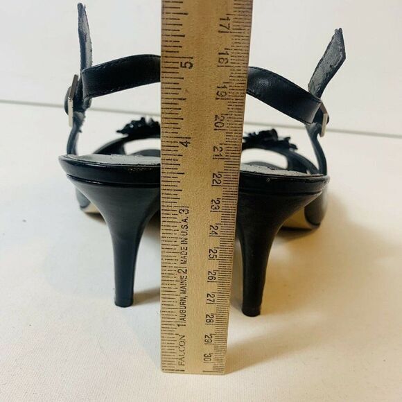 Bandolino Black Leather Women’s Size 8.5M Sling Back Open Toe Floral Accent Heel - Picture 7 of 10